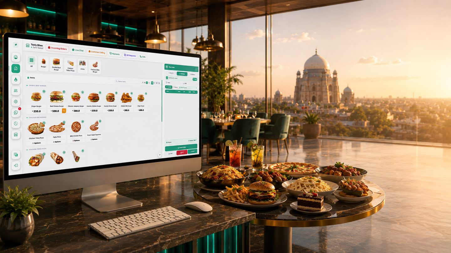 Restozay restaurant POS system running on a counter screen in a Multan restaurant, with the Multan skyline behind it