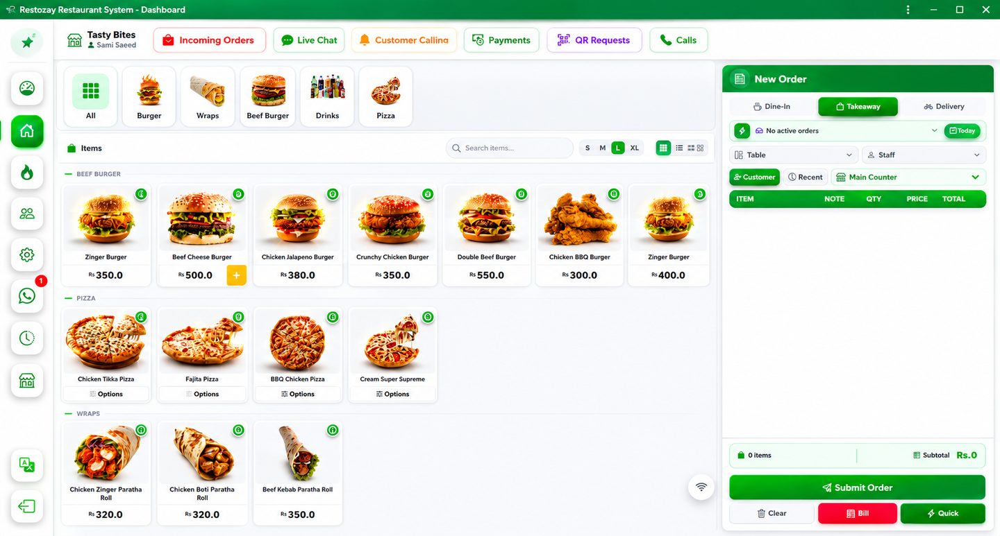 Restozay restaurant POS dashboard showing the live menu grid, incoming orders, live chat, customer calling, QR requests and the New Order panel with dine-in, takeaway and delivery options